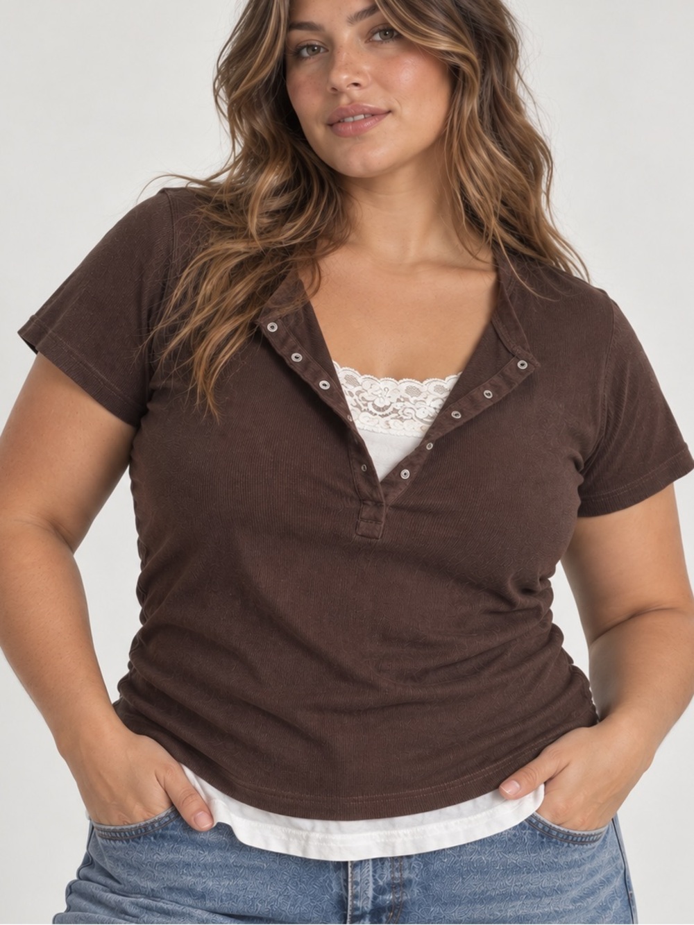 Y2K Style & Co Womens Layered Baby Tee Brown Lace Vintage Indie Sleeze Size XL